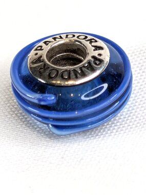 Pandora Sterling and Murano glass bead charm candy stripe Blue on Blue